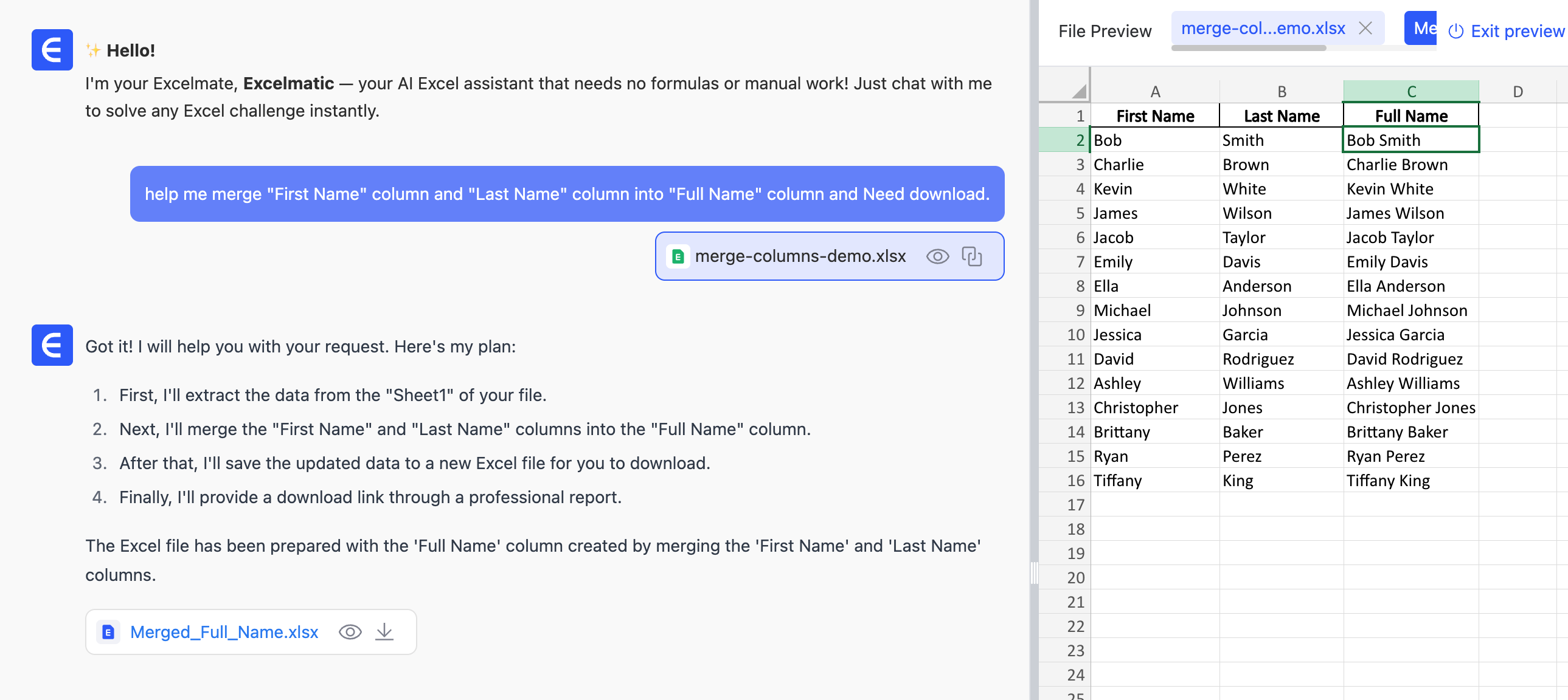  Merge two columns in Excel using Excel AI