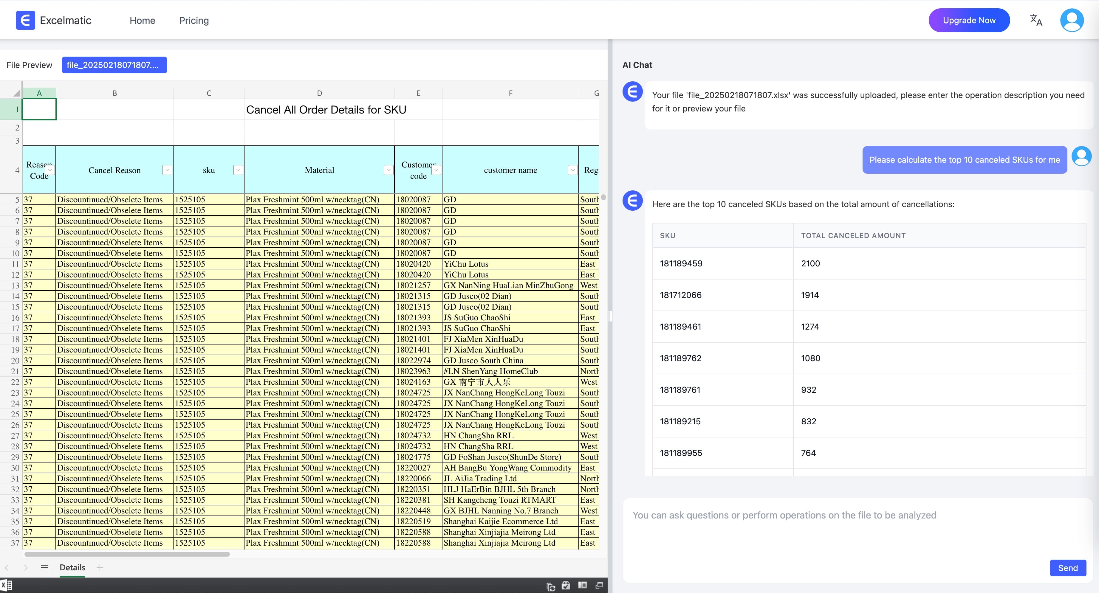 First chat with excel file